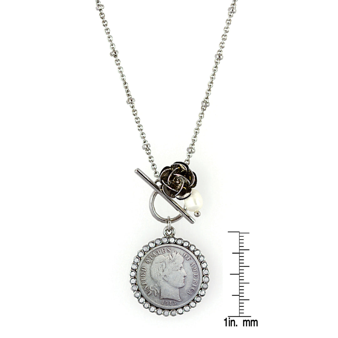 Silver Barber Dime and Rose Silvertone Toggle Pendant Image 3