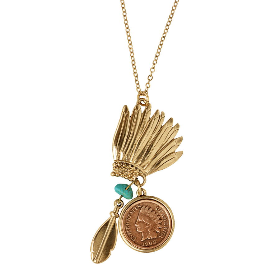 Indian Head Penny Headdress Charm Coin Necklace With Turquoise Stone Image 1