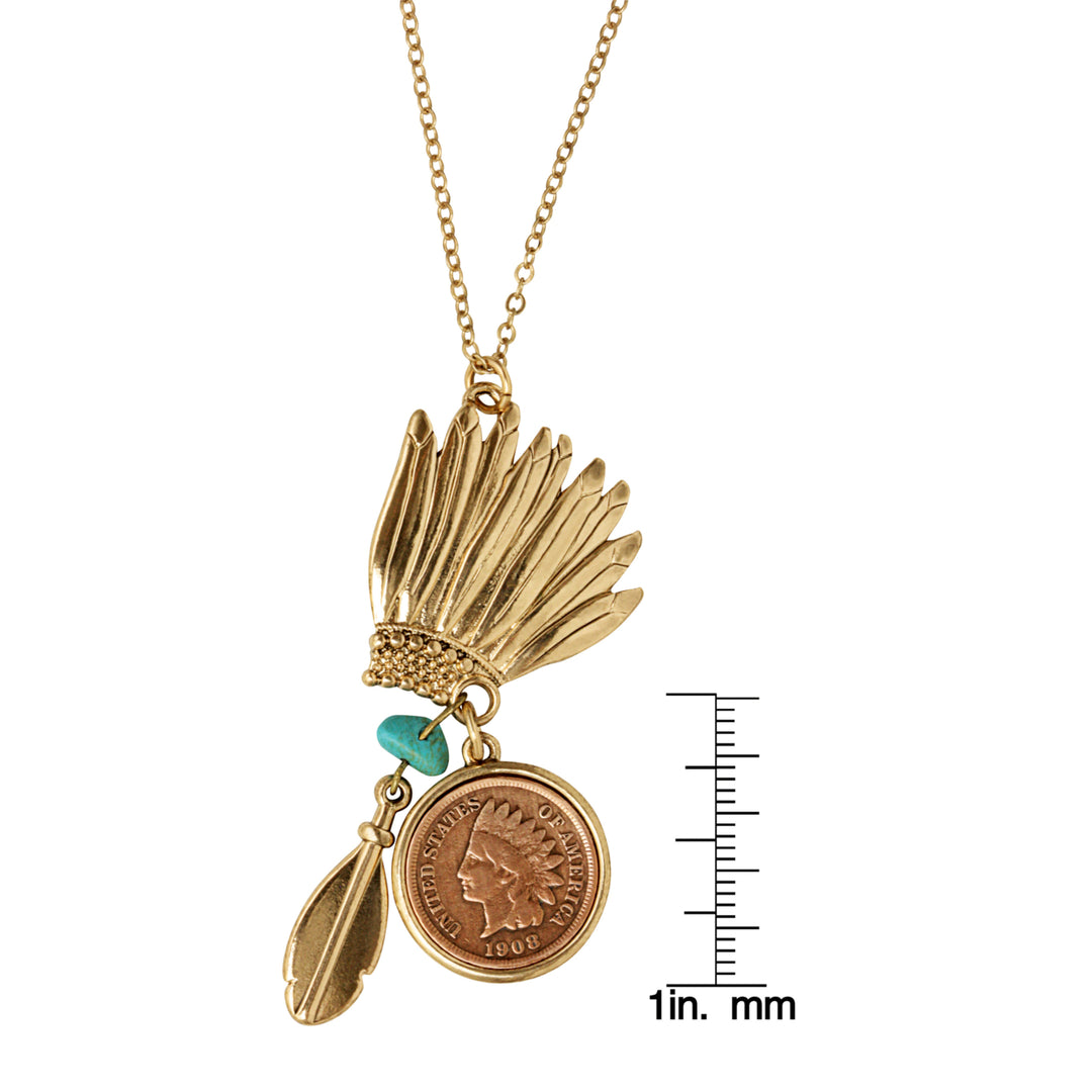 Indian Head Penny Headdress Charm Coin Necklace With Turquoise Stone Image 3