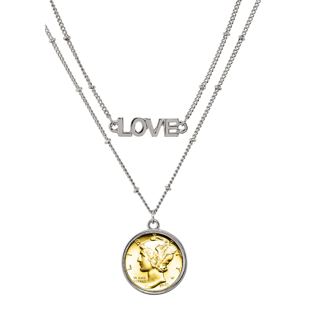 Gold Layered Silver Mercury Dime Coin Double Strand Love Necklace Image 1