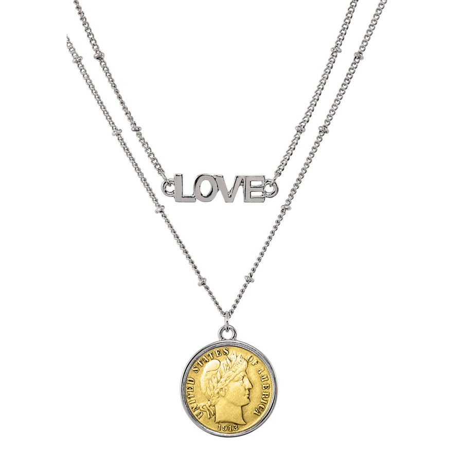 Gold Layered Silver Barber Dime Coin Double Strand Love Necklace Image 1