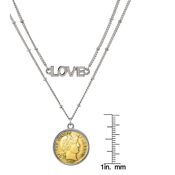 Gold Layered Silver Barber Dime Coin Double Strand Love Necklace Image 3