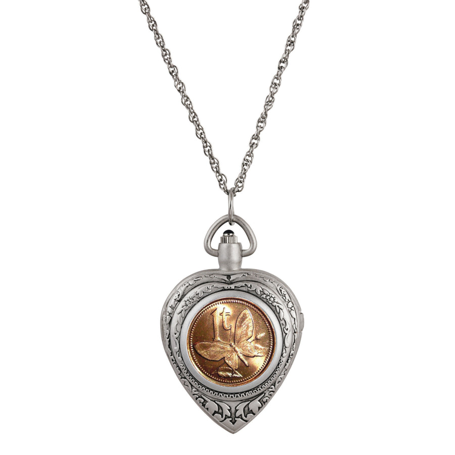 Butterfly Coin Heart Locket Pocket Watch Pendant Image 1