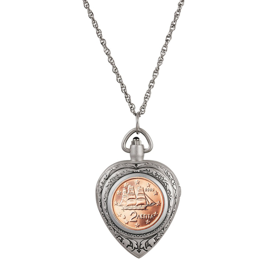 Greek 2 Euro Coin Heart Locket Pocket Watch Pendant Image 1