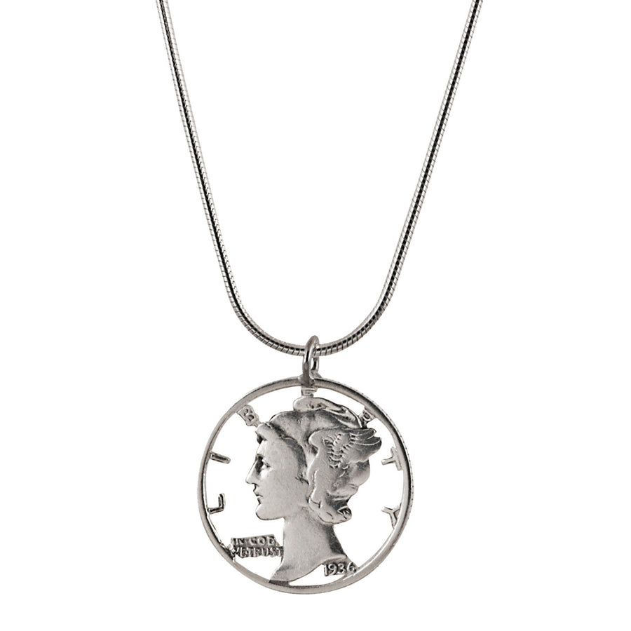 Silver Mercury Dime Hand Cut Coin Sterling Silver Necklace Image 1