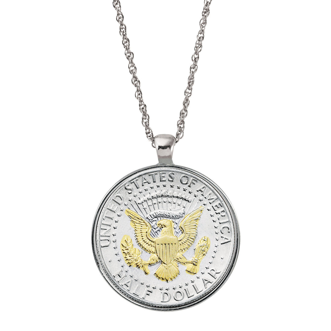 Selectively Layered in Gold Presidential Seal Half Dollar Coin Silvertone Pendant Image 1