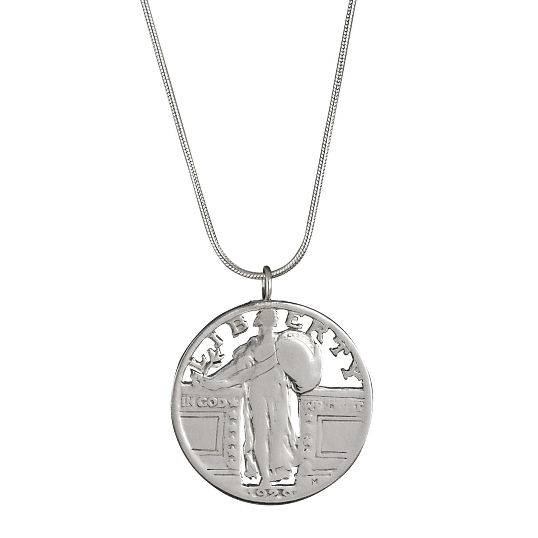 Silver Standing Liberty Quarter Hand Cut Coin Sterling Silver Necklace Image 1