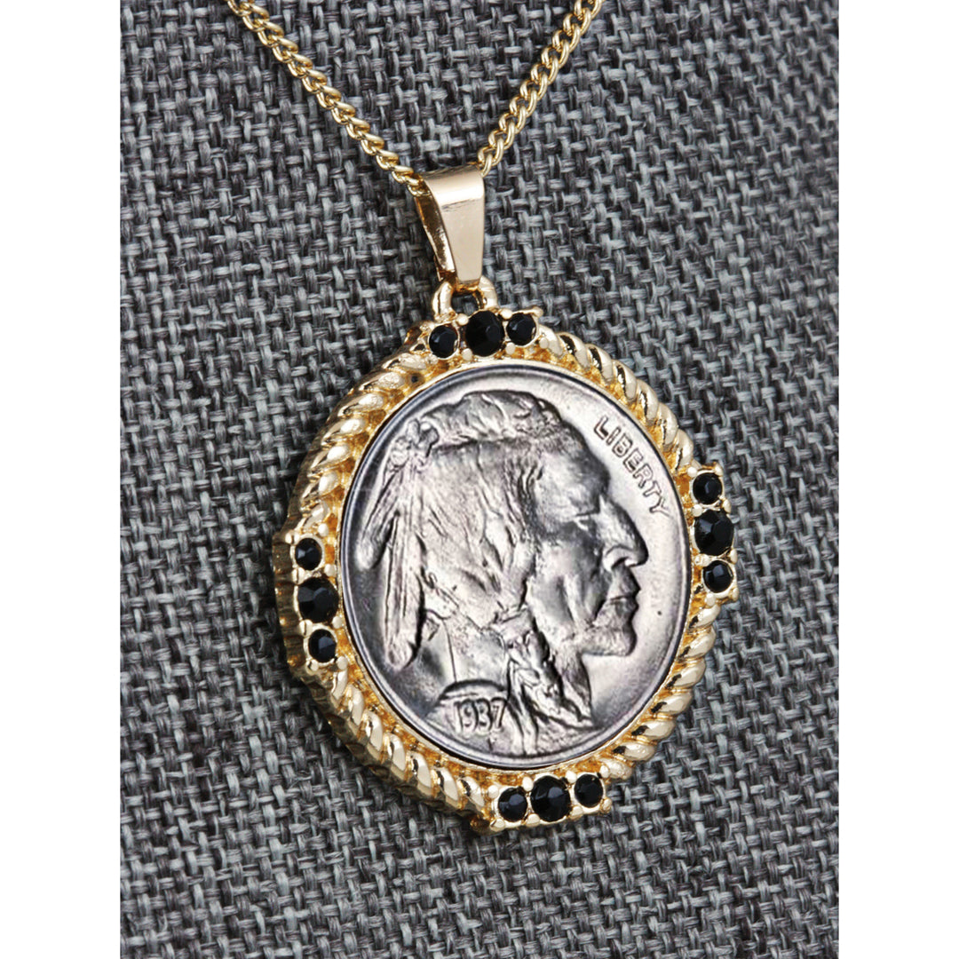 Buffalo Nickel Medallion Goldtone Necklace Pendant Image 2