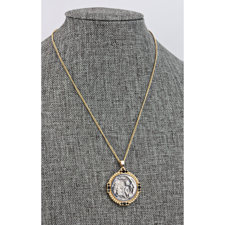 Buffalo Nickel Medallion Goldtone Necklace Pendant Image 3