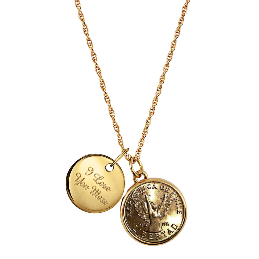 Chilean Angel Coin Goldtone Pendant With I Love You Mom Charm Image 1