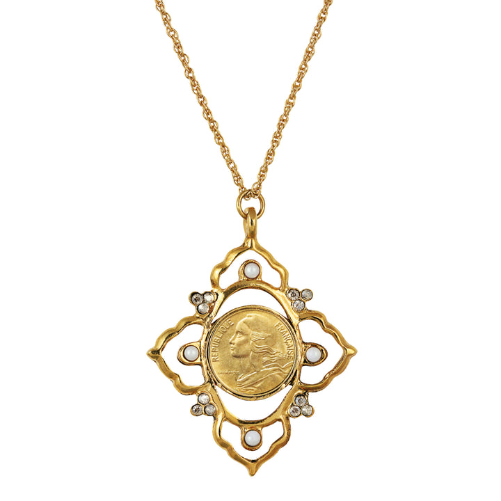 French Marianne 5 Centimes Coin Victorian Style Goldtone Pendant Image 1