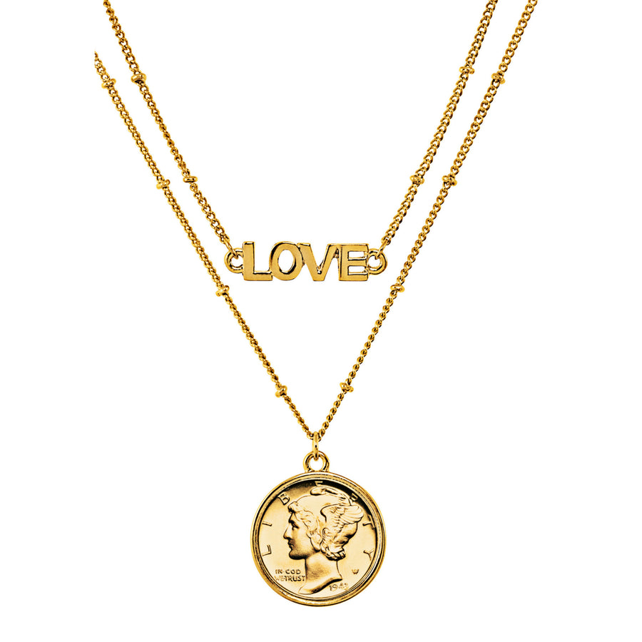 Gold Layered Mercury Dime Coin Goldtone Double Strand Love Necklace Image 1