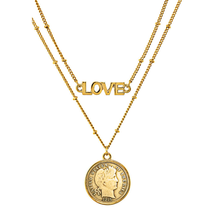 Gold Layered Barber Dime Coin Goldtone Double Strand Love Necklace Image 1