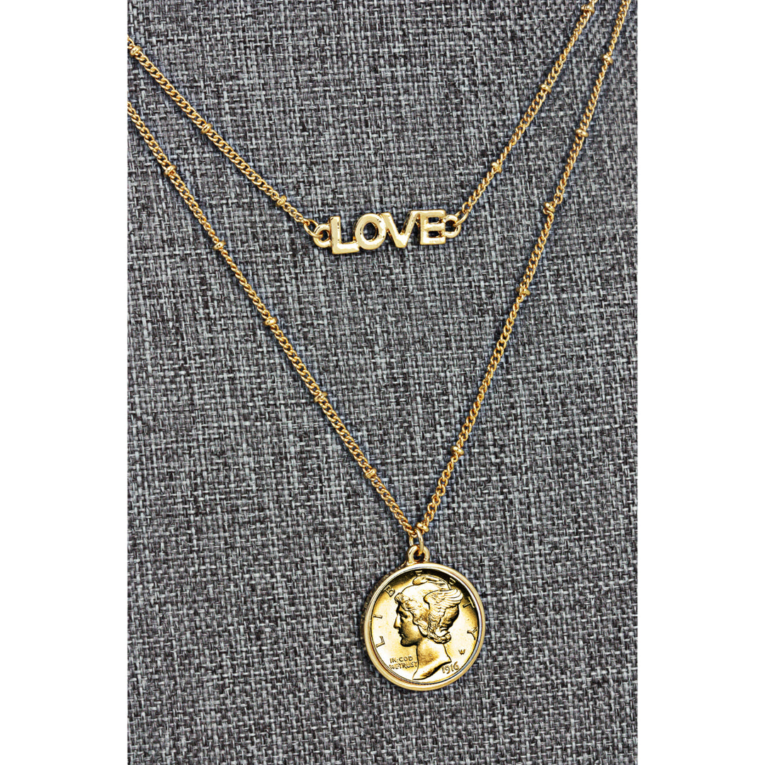 Gold Layered Mercury Dime Coin Goldtone Double Strand Love Necklace Image 2