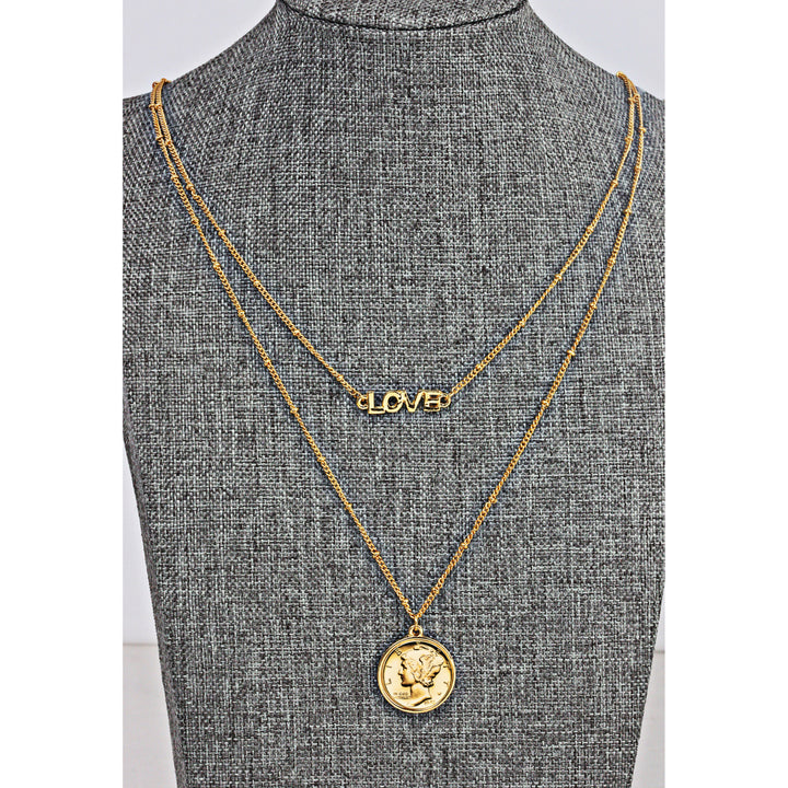 Gold Layered Mercury Dime Coin Goldtone Double Strand Love Necklace Image 3