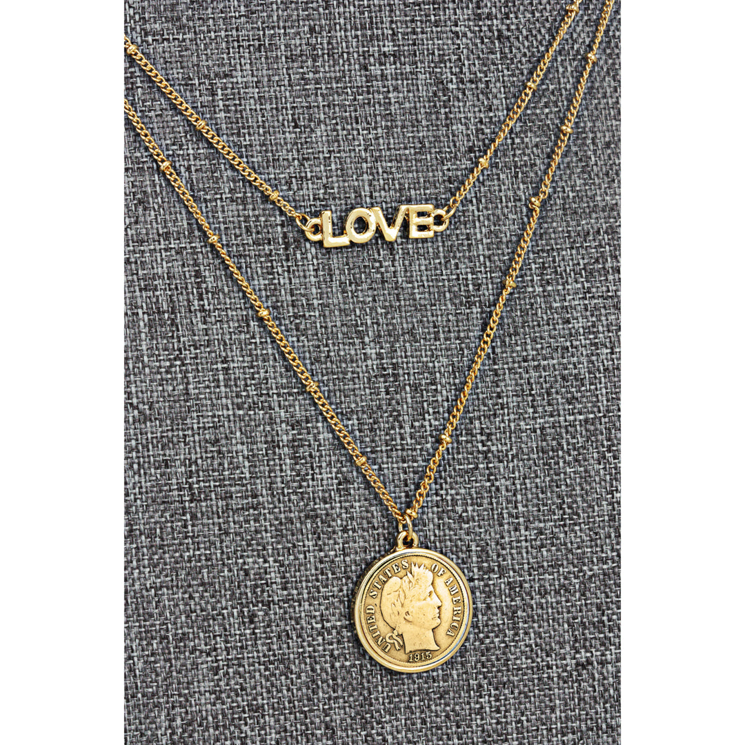 Gold Layered Barber Dime Coin Goldtone Double Strand Love Necklace Image 2