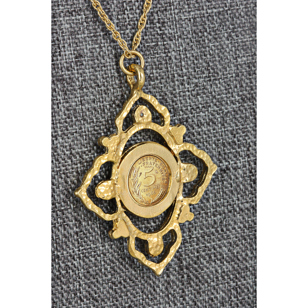 French Marianne 5 Centimes Coin Victorian Style Goldtone Pendant Image 3