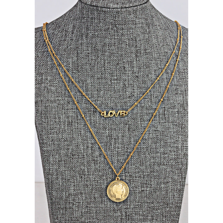 Gold Layered Barber Dime Coin Goldtone Double Strand Love Necklace Image 3