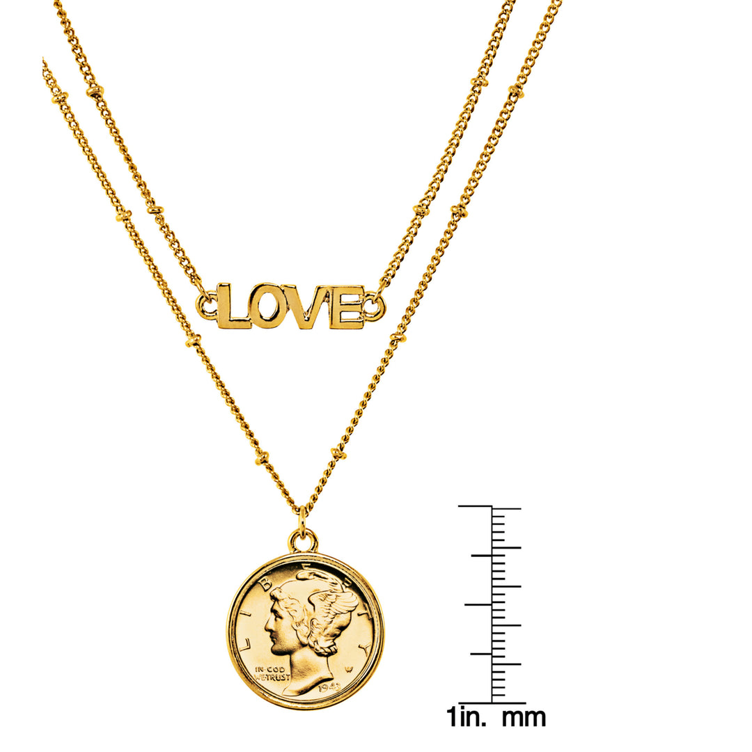 Gold Layered Mercury Dime Coin Goldtone Double Strand Love Necklace Image 6