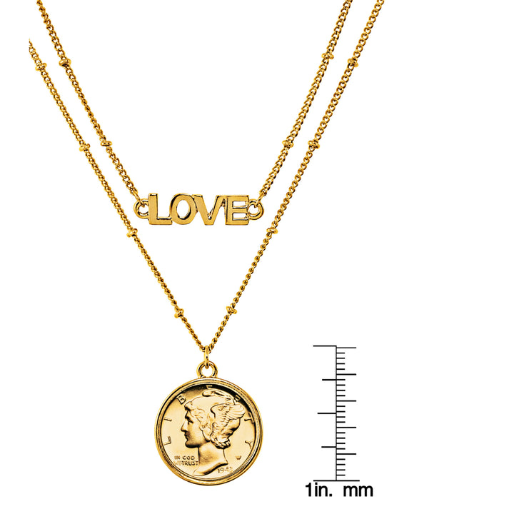 Gold Layered Mercury Dime Coin Goldtone Double Strand Love Necklace Image 6