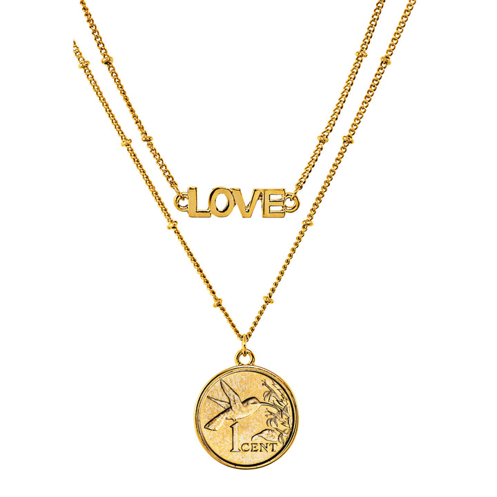 Gold Layered Hummingbird Coin Goldtone Double Strand Love Necklace Image 1