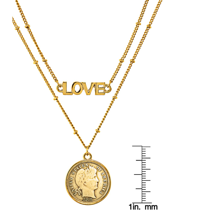 Gold Layered Barber Dime Coin Goldtone Double Strand Love Necklace Image 6