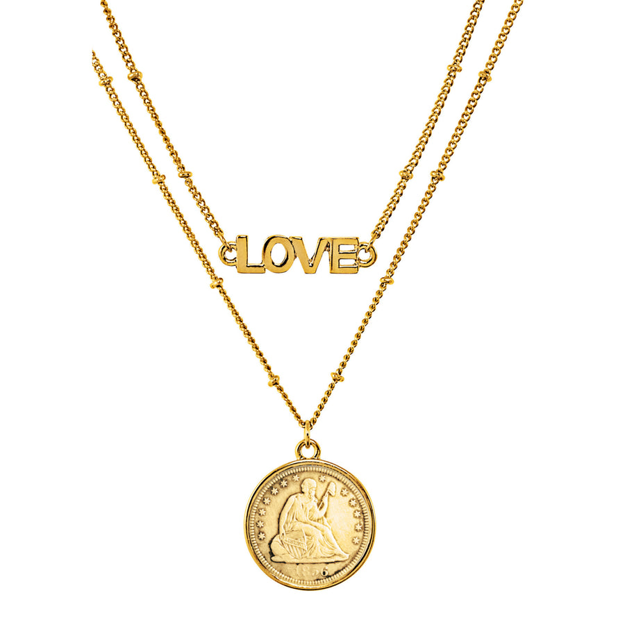 Gold Layered Seated Dime Coin Goldtone Double Strand Love Necklace Image 1