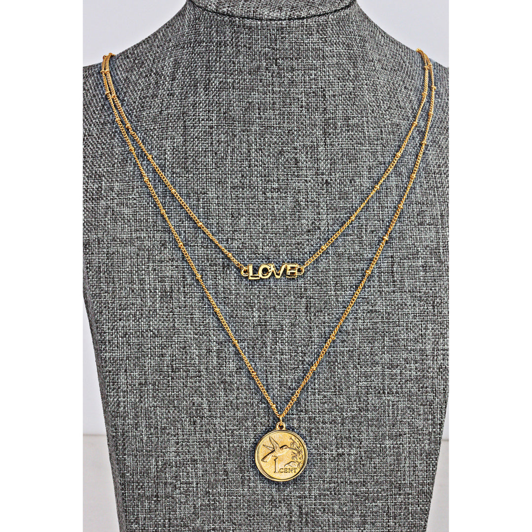 Gold Layered Hummingbird Coin Goldtone Double Strand Love Necklace Image 3