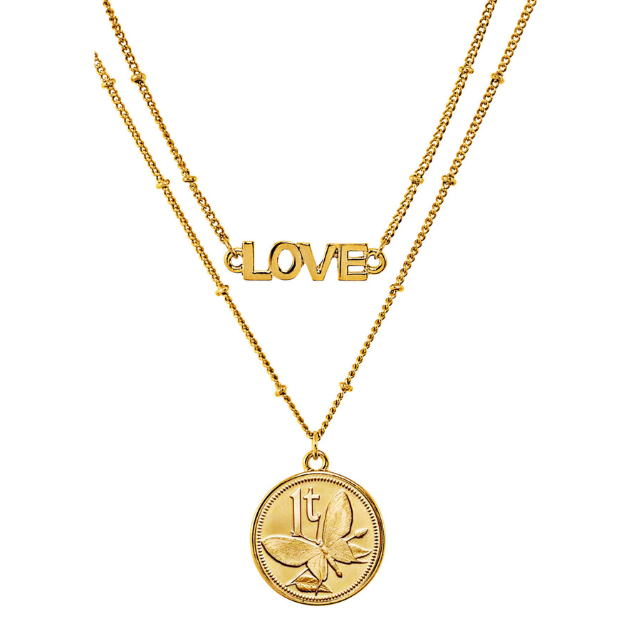 Gold Layered Butterfly Coin Goldtone Double Strand Love Necklace Image 1