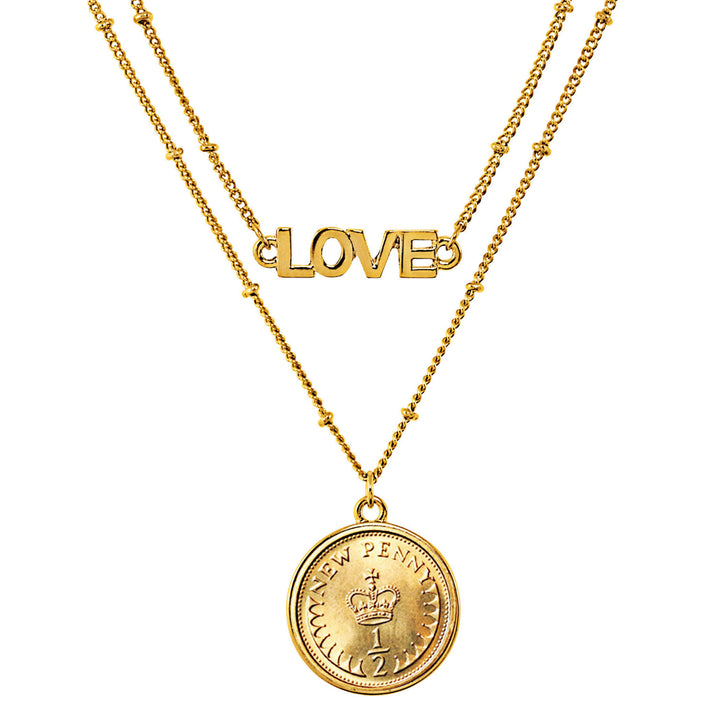 Gold Layered 1/2  Penny Goldtone Double Strand Love Necklace Image 1