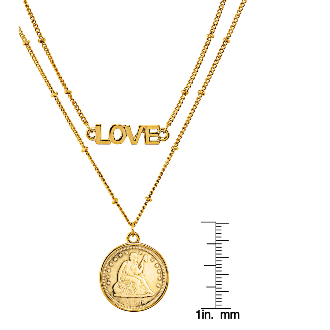 Gold Layered Seated Dime Coin Goldtone Double Strand Love Necklace Image 6