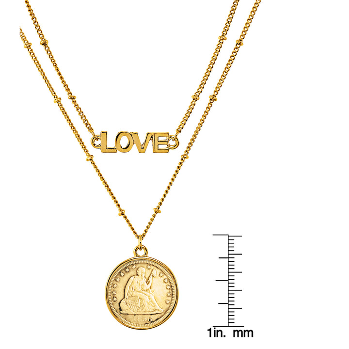 Gold Layered Seated Dime Coin Goldtone Double Strand Love Necklace Image 6