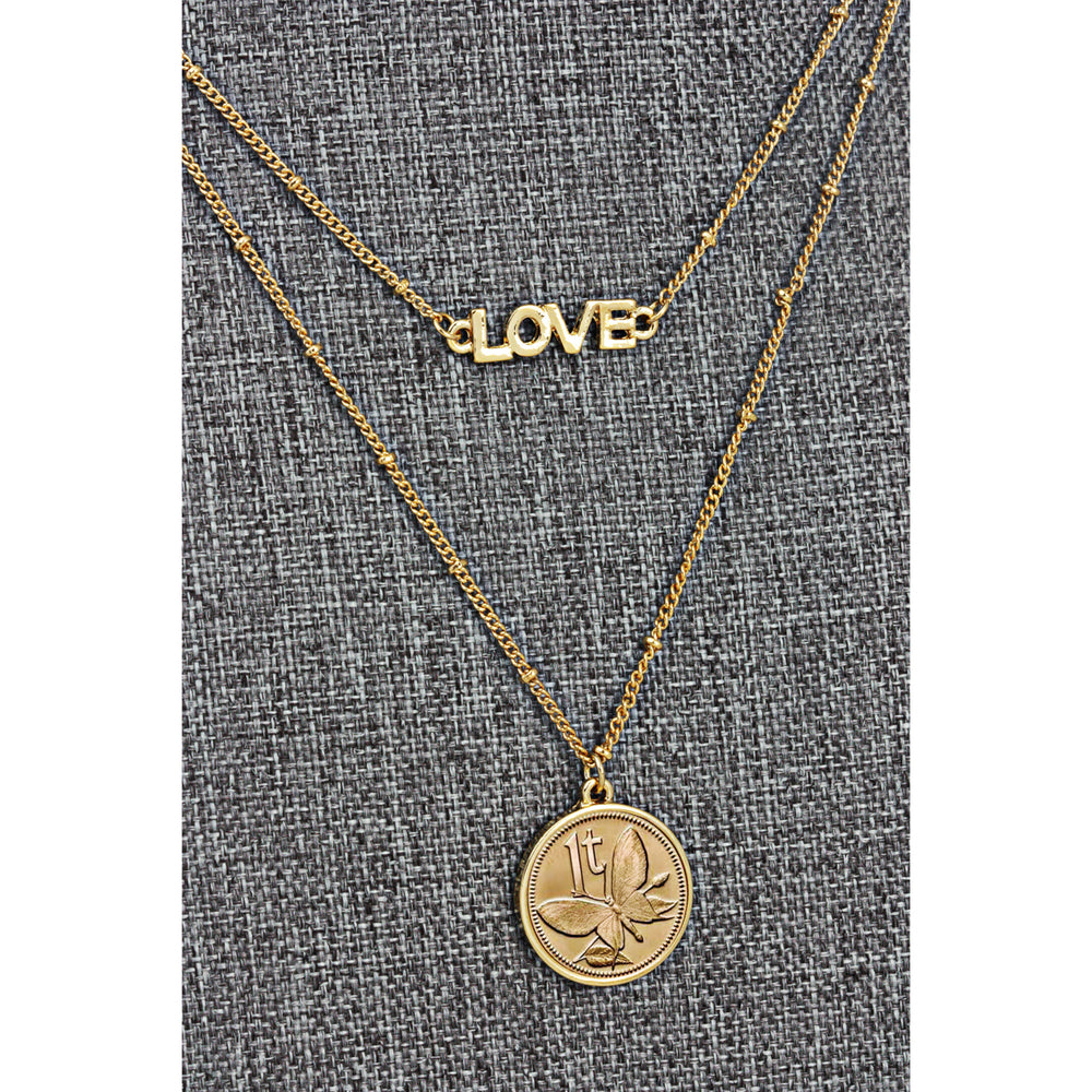 Gold Layered Butterfly Coin Goldtone Double Strand Love Necklace Image 2