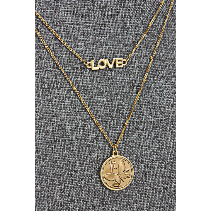 Gold Layered Butterfly Coin Goldtone Double Strand Love Necklace Image 2