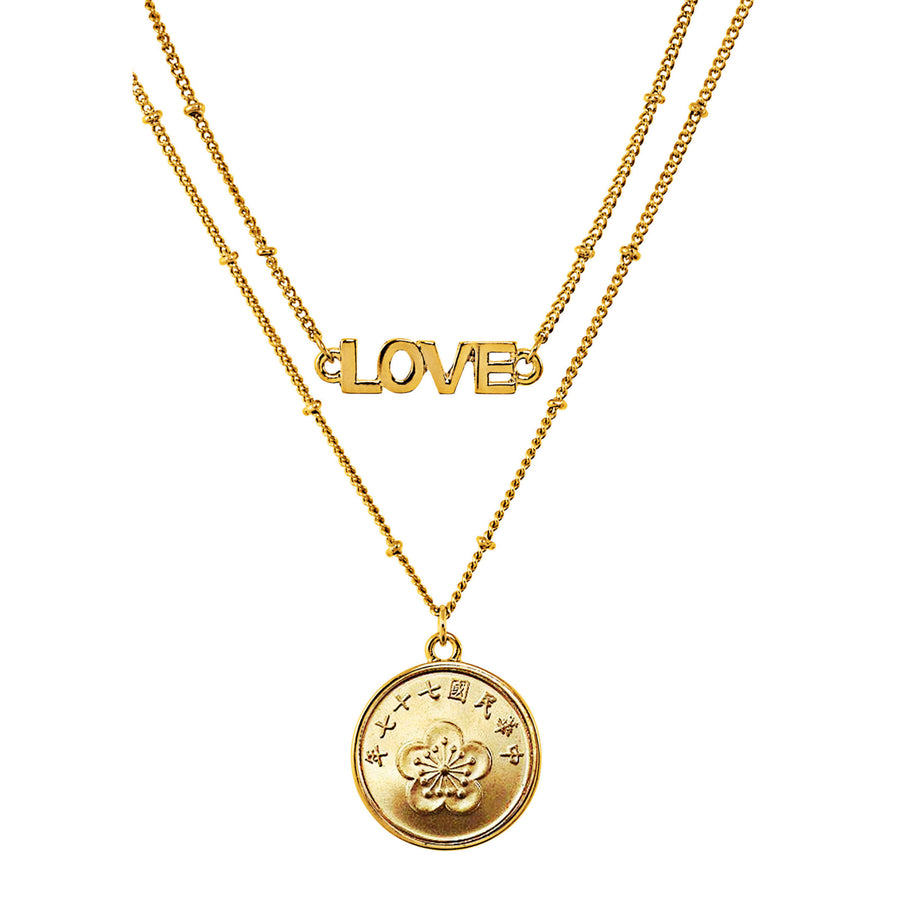 Gold Layered Lucky Chinese Orchid Coin Goldtone Double Strand Love Necklace Image 1