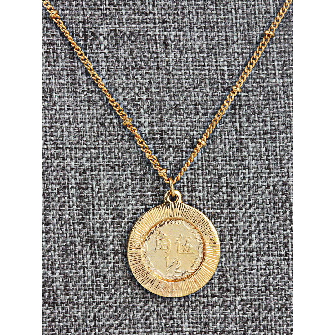 Gold Layered Lucky Chinese Orchid Coin Goldtone Double Strand Love Necklace Image 4