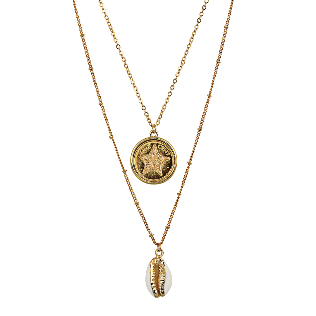 Gold Plated Starfish Coin Gold Trimmed Cowrie Shell Double Chain Necklace Image 1