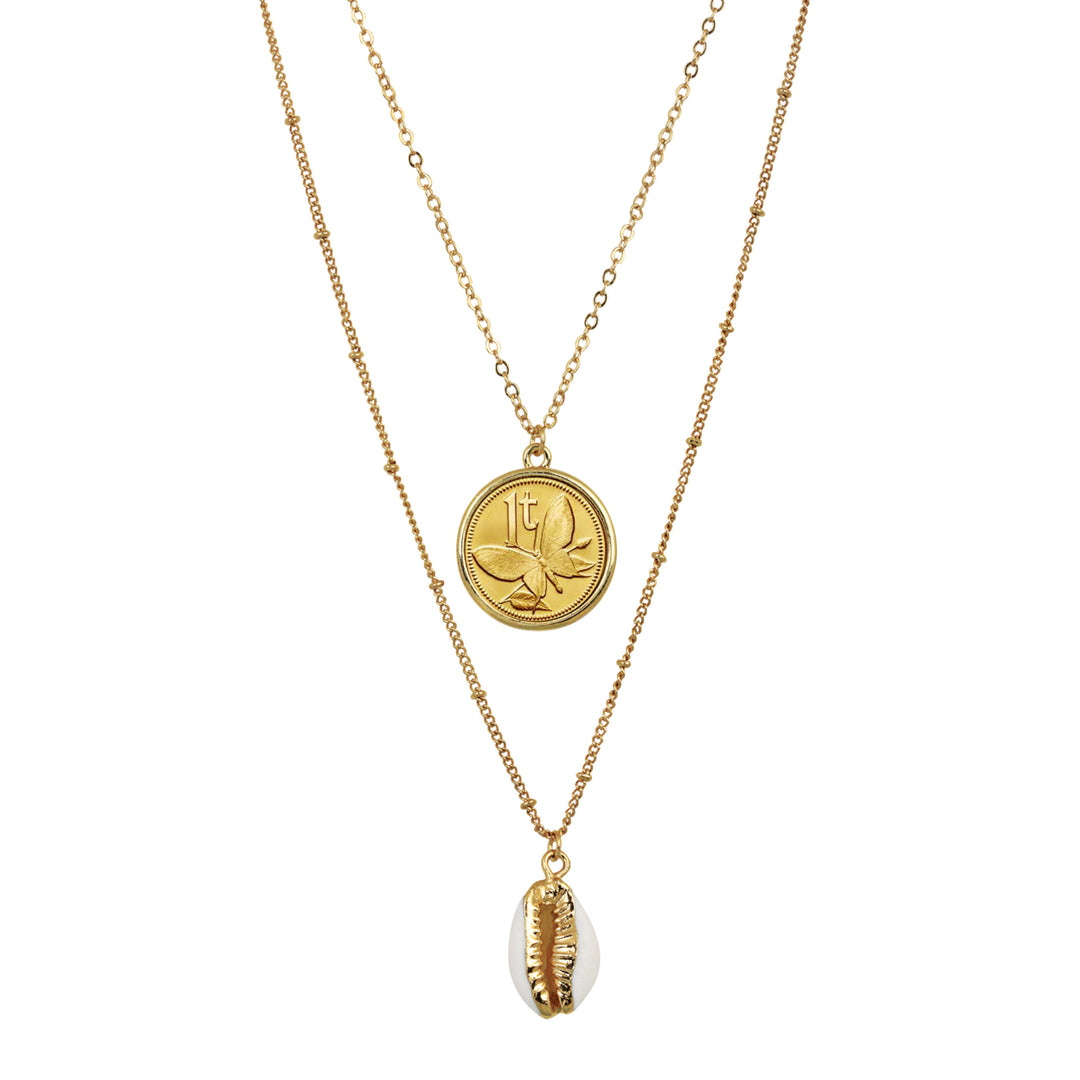 Gold Plated Butterfly Coin With Gold Trimmed Cowrie Shell Double Chain Necklace Image 1