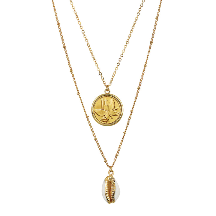 Gold Plated Butterfly Coin With Gold Trimmed Cowrie Shell Double Chain Necklace Image 1