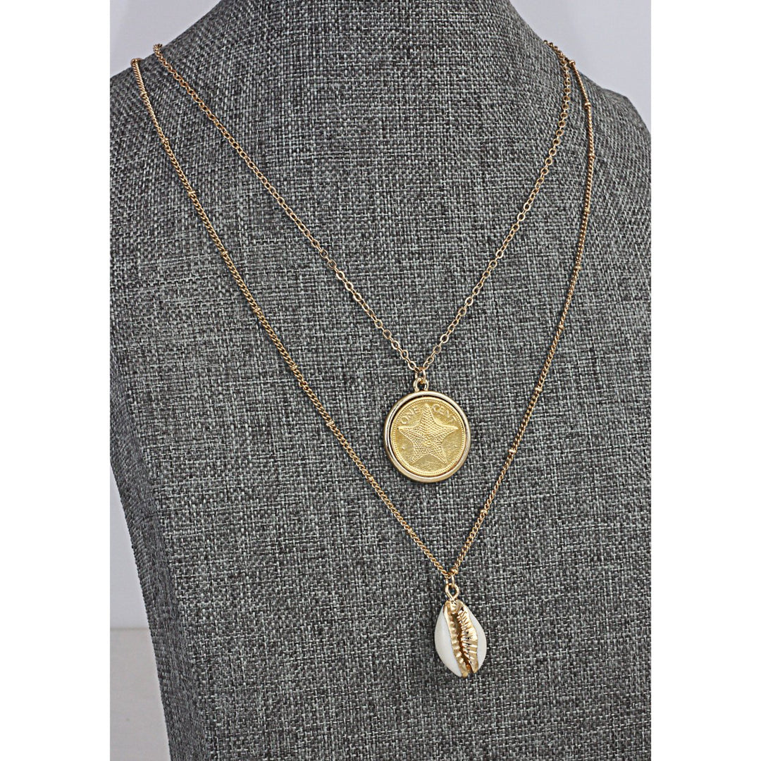 Gold Plated Starfish Coin Gold Trimmed Cowrie Shell Double Chain Necklace Image 2