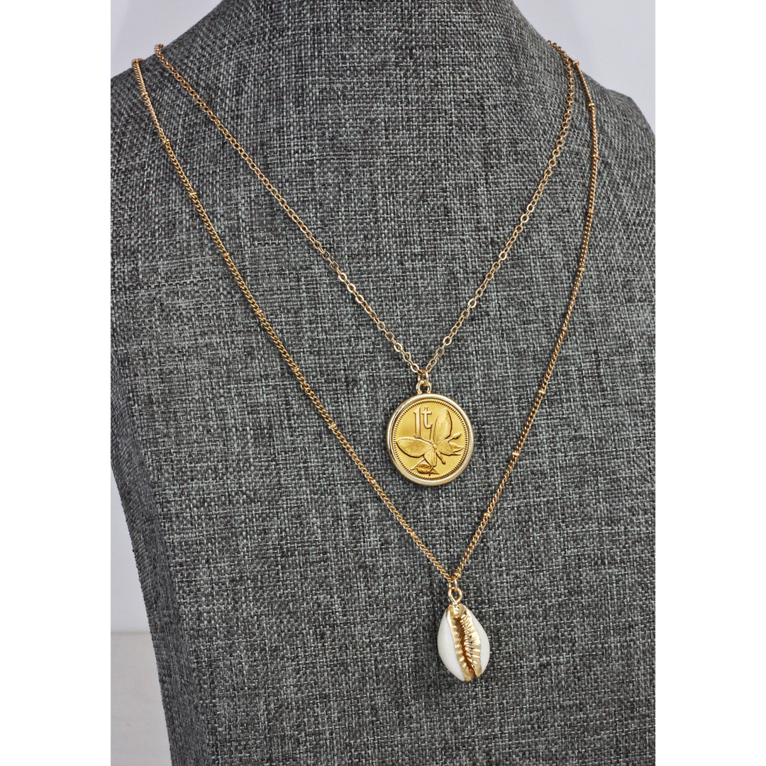 Gold Plated Butterfly Coin With Gold Trimmed Cowrie Shell Double Chain Necklace Image 2