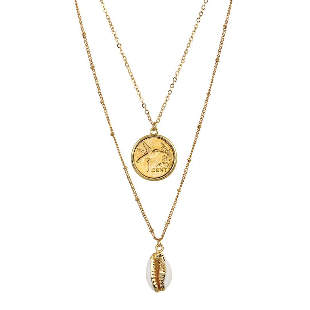 Gold Plated Hummingbird Coin With Gold Trimmed Cowrie Shell Double Chain Necklace Image 1