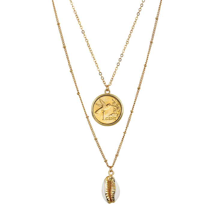 Gold Plated Hummingbird Coin With Gold Trimmed Cowrie Shell Double Chain Necklace Image 1