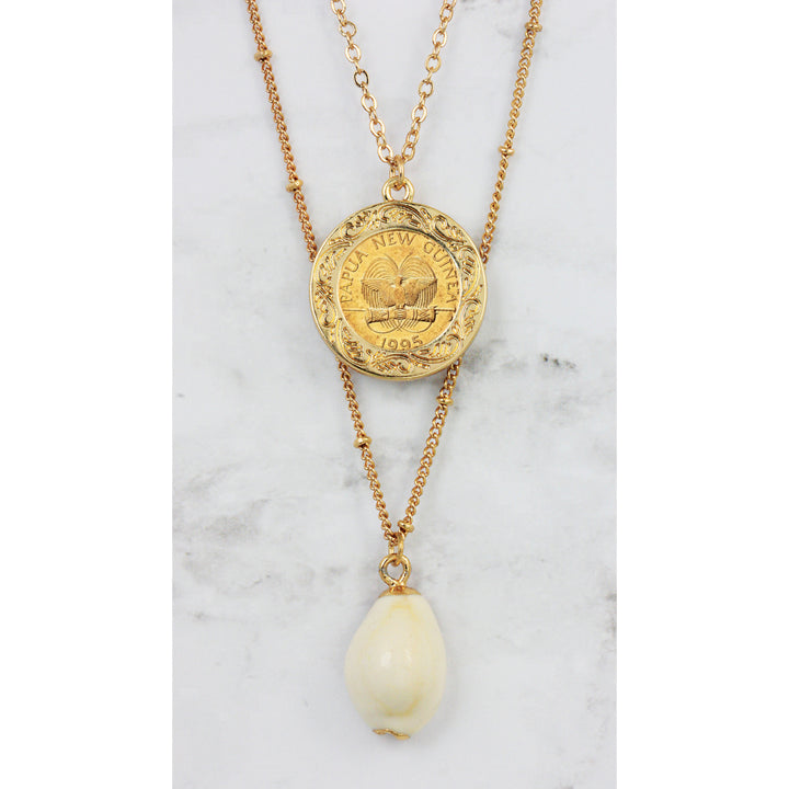 Gold Plated Butterfly Coin With Gold Trimmed Cowrie Shell Double Chain Necklace Image 3