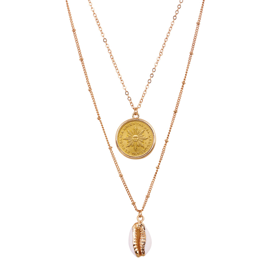 Sun Coin With Gold Plated Cowrie Shell Double Chain Necklace Image 1