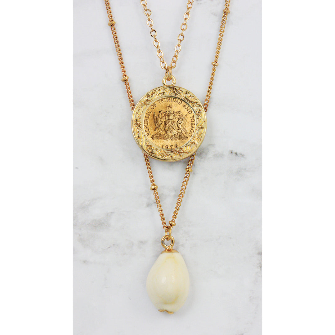 Gold Plated Hummingbird Coin With Gold Trimmed Cowrie Shell Double Chain Necklace Image 3