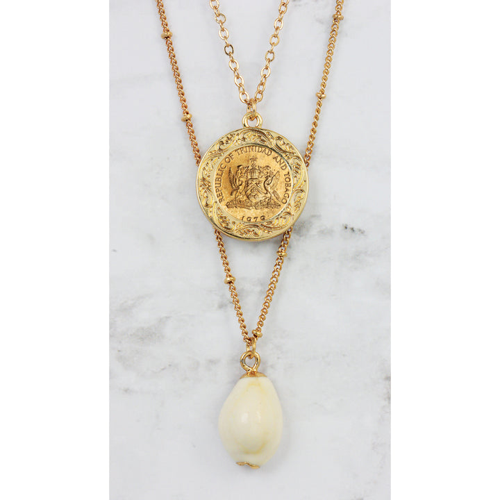 Gold Plated Hummingbird Coin With Gold Trimmed Cowrie Shell Double Chain Necklace Image 3