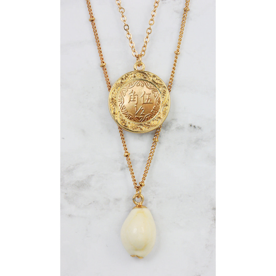 Gold Plated Chinese Orchid Coin With Gold Trimmed Cowrie Shell Double Chain Necklace Image 3