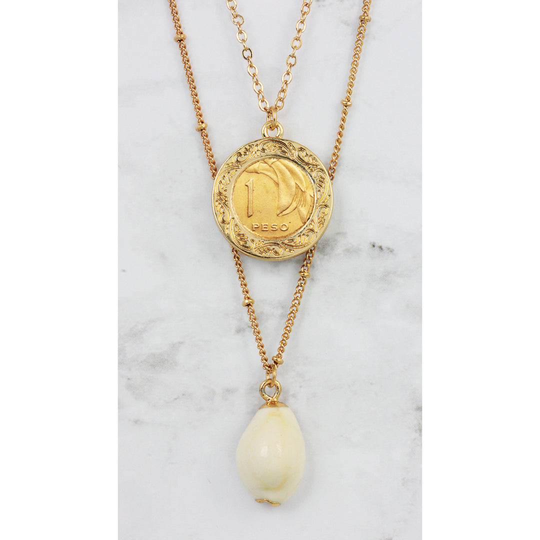 Sun Coin With Gold Plated Cowrie Shell Double Chain Necklace Image 3