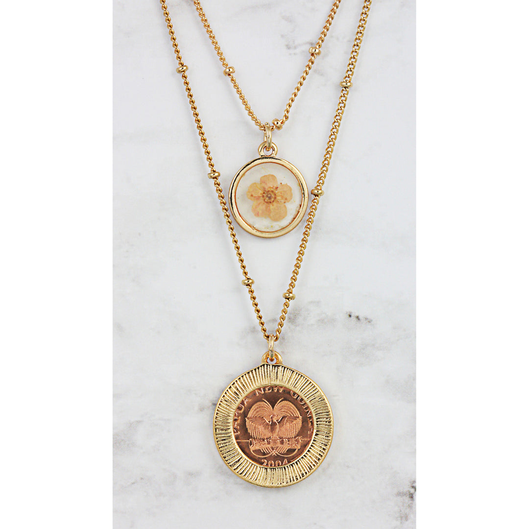 Butterfly Coin Dry Flower Double Chain Necklace Image 3